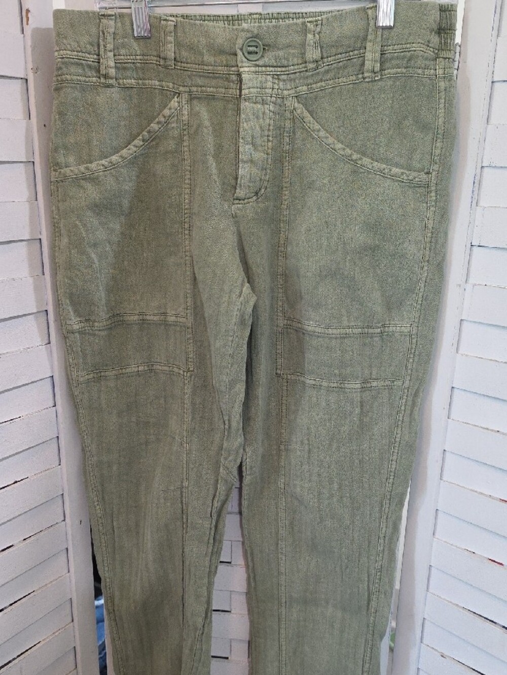 Free People Olive Green Casual Utility Linen Blend Button Fly Pants Size Medium - Picture 2 of 4